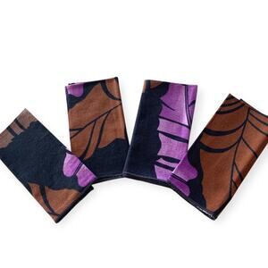Set of 4 Vintage Tropical Boho Fabric Napkins Black Purple Brown Leaf Print